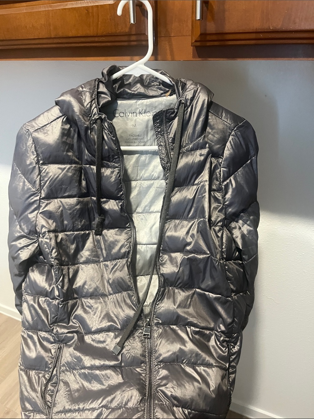 Calvin Klein Shiny Gray Packable Hooded Puffer